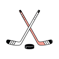 Crossed Hockey Sticks and Puck Icon Set – Black and Colorful Flat Design Illustrations for Ice Hockey, Winter Sports, and Team Logos. Hockey Stick Logo Vector Template Design. 