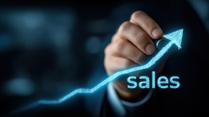 Glow Hand Drawing Upward Arrow Symbolizing Sales Growth on Dark Background