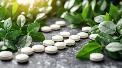 Supplement Harmony White Tablets Green Leaves Serene Backdrop Healthful Lifestyle Mindful Living Gentle Light