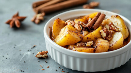 Baked apple with cinnamon and nuts, served warm in a white bowl, soft shadows and neutral background