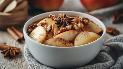 Baked apple with cinnamon and nuts, served warm in a white bowl, soft shadows and neutral background