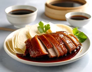 Handdoek met foto Peking Sliced Peking duck on plate with pancakes  © bagasjoko