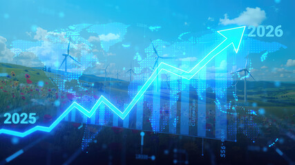 Futuristic Global Economic Growth Concept with Technology Overlay and Wind Energy – 2025 to 2026 Forecast, sustainability images, energy automation