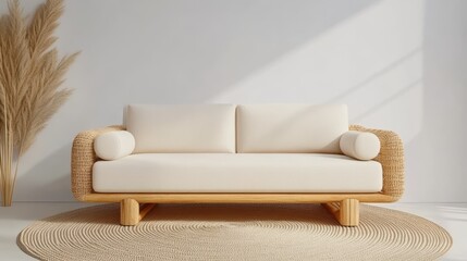 Serene Living Space: An inviting and airy modern couch, adorned with soft cushions, sits in a well-lit, minimalist interior. Evoking a sense of calm and relaxation.