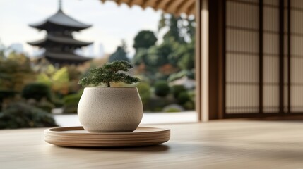Serene Sanctuary: A tranquil indoor scene, centered around a potted bonsai tree on a wooden tray, framing the pagoda temple beyond, Japanese theme