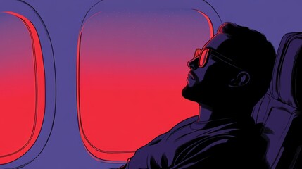 Man Contemplating Through Window: A person gazes contemplatively through an airplane window, his silhouette framed by the vibrant hues of a sunset, embarking on a journey.