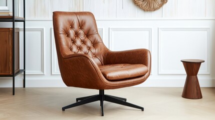 Brown Leather Swivel Chair: A stylish brown leather swivel chair with button tufting sits in a modern living room setting. The chair exudes comfort and sophistication, perfect for relaxing. 