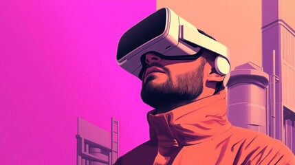 Virtual Reality: A man wearing a virtual reality headset in an architectural environment, an artwork of immersive technology