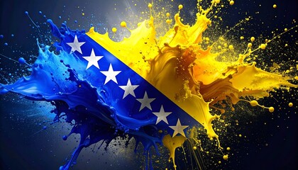 flag of Bosnia and Herzegovina, characterized by a vibrant blue and yellow color scheme with white stars, illustrated with a dynamic paint-splash effect. The colors are vividly represented