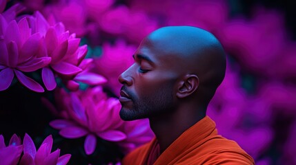 Serene Contemplation amidst Bloom: A bald person in orange attire finds inner peace amidst vibrant flowers, with eyes closed in meditation, evoking tranquility and spiritual contemplation.