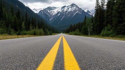 Road to the Majestic Peaks: An open road stretches towards the snowy peaks of the majestic mountains, framed by lush trees, promising adventure and the call of the wild.