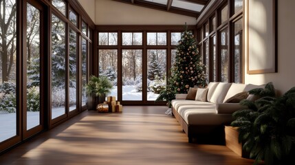 Winter Cozy interior: A bright winter interior with floor-to-ceiling windows, a decorated Christmas tree and a long sofa evokes a feeling of peaceful tranquility. 