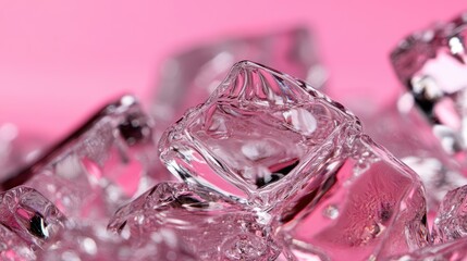 Crystal Clarity: Close-up shot of clear ice cubes set against a pink backdrop, capturing their purity and refreshing essence.