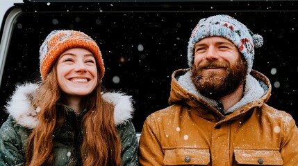 Winter Bliss: A Warm Embrace of Love Amidst Falling Snow: This photograph showcases a loving couple enjoying a winter scene. The man and woman share a moment of happiness.