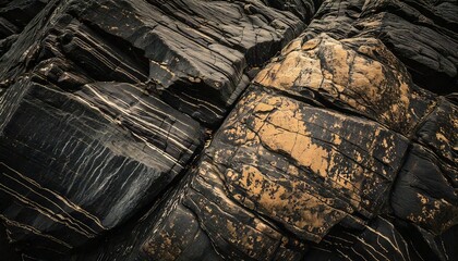Rock, gold, black, formation, texture, detail — a richly detailed natural rock structure in black and gold tones, evoking elegance and depth, ideal for backgrounds, design elements, and artistic prese