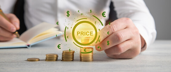 Word Price with currency symbols. Business concept