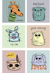 Adorable animals illustrated with alternating phrases of "good morning" and "good night" in a whimsical design