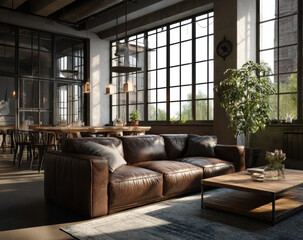Fototapeta premium Cozy living room featuring large brown leather sofa, wooden coffee table, and ample natural light from large windows