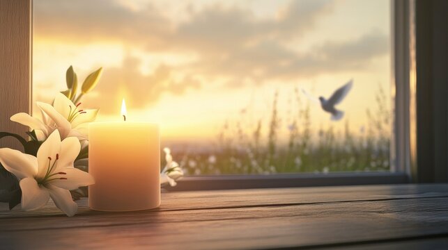 Peaceful candle memorial scene with white lilies and soft sunset light for funeral template use
