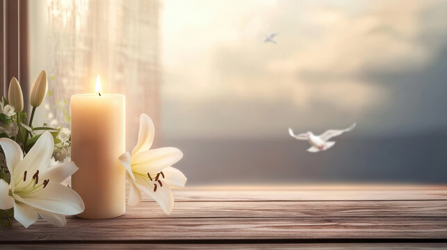 Peaceful candle memorial scene with white lilies and soft sunset light for funeral template use