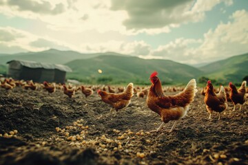 Chickens foraging for grains in a rural field with mountains in the background during a sunny afternoon, Many chicken walks peck grains food on the ground in organic farm on countryside