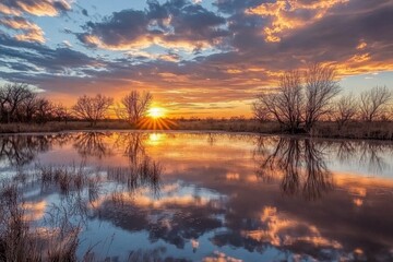 Obraz premium Time Lapse captures serene sunset over tranquil lake reflecting vibrant colors in the sky, Time lapse of lake at sunset