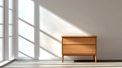 Modern minimalist nightstand with two drawers in natural wood, sunlight streaming through window, peaceful and bright interior design