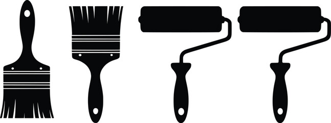 Silhouette Paint Brushes and Rollers Vector Icons, Home DIY Tool Set.