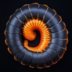 Giant millipede with black rounded back and orange legs curled in semi-circle in Kandy Sri Lanka.