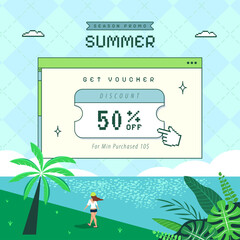 Cute retro summer sale pop up window with beach scene illustration