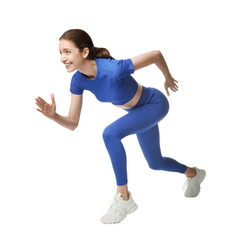 Woman in sportswear running on white background