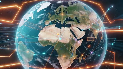 A visually stunning depiction of global connectivity, with the Earth at its center. The planet is shown in high detail, featuring realistic landmasses and cloud formations that give it a lifelike appe - Powered by Adobe