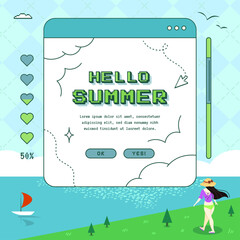 Cute retro summer sale pop up window with beach scene illustration