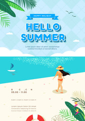 Cute retro summer sale pop up window with beach scene illustration