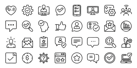 A set of clean line-style icon set of 30 benefit and reward elements on white background verified tick, priority access card, freebie gift, flash reward icon, crown reward, trophy, appreciation heart