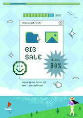 Cute retro summer sale pop up window with beach scene illustration