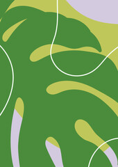 Tropical leaf poster design. Green monstera leaves, exotic plant, botanical card. Foliage, organic natural fresh vegetation, flora. Eco ecological background. Flat vertical vector illustration.