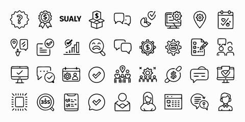 A set of clean line-style icon set of 30 benefit and reward elements on white background level-up arrow, appreciation medal, trust seal, success crown, priority pass, user star, unlock door