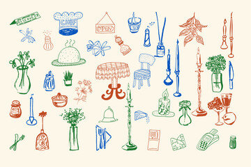 A collection of ink hand-drawn decor illustrations, perfect for menus, packaging, cafe and restaurant branding, interior design, or printed materials.