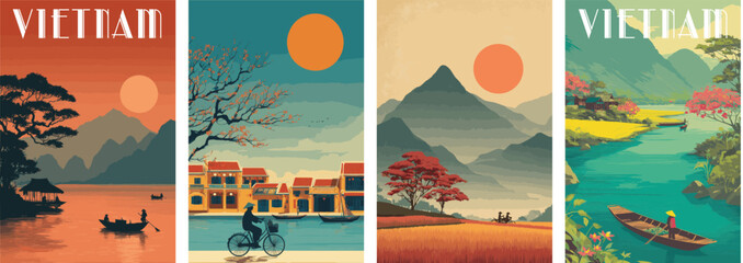Vietnam vintage style travel poster set. Collection of scenic art deco retro tourism illustrations