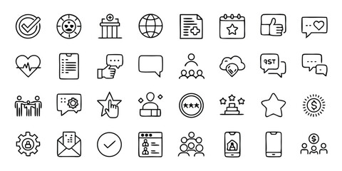A set of clean line-style icon set of 30 benefit and reward elements on white background loyalty badge, user crown, discount tag, bonus vault, verified ID, cashback ticket