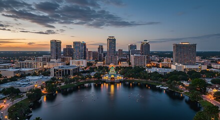 Fototapeta premium City Skyline Reflecting in Lake at Dusk with Buildings and Trees