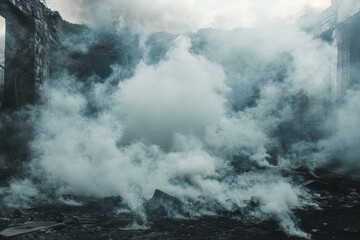 Fototapeta premium Heavy smoke billows from ruins in a disaster struck area following an unexpected catastrophe, Disaster scene, smoke in the ruin scene, heavy smoke with alpha