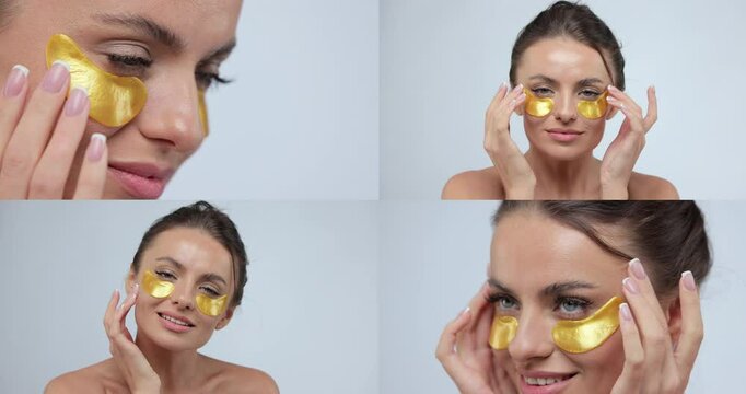 Collage of portrait of woman with gold eye patche and touching her face while looking to camera. Beauty concept. Collage portrait.