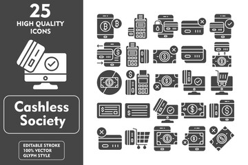 Cashless Society Glyph Icon Set. Incleded Icons Bitcoins, Credit Card Machine, Protection, No card, Mobile banking, Payment, Cashless Payment. Vector Icons Collection