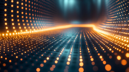 Fototapeta premium Futuristic digital tunnel with glowing lights and dynamic motion blur effect.