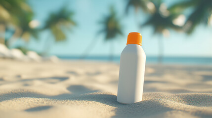 a blank white bottle of sunscreen on the sand of the beach, palm trees in the distance, skin protection concept