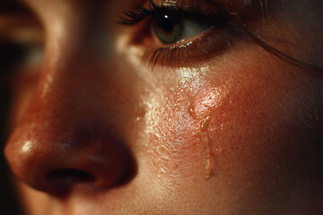 Brightly lit tear falling down cheek. Used to express emotional catharsis, inner turmoil, or human fragility.