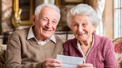 Elderly couple happily receiving social security documents in envelope, smiling with joy and relief. Retirement planning, pension benefits and senior citizen financial security concepts.