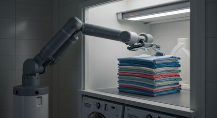 Automated robotic arm folding and organizing laundry above a washing machine in a modern utility room. Domestic robotics, smart home efficiency, labor automation, AI in household chores..